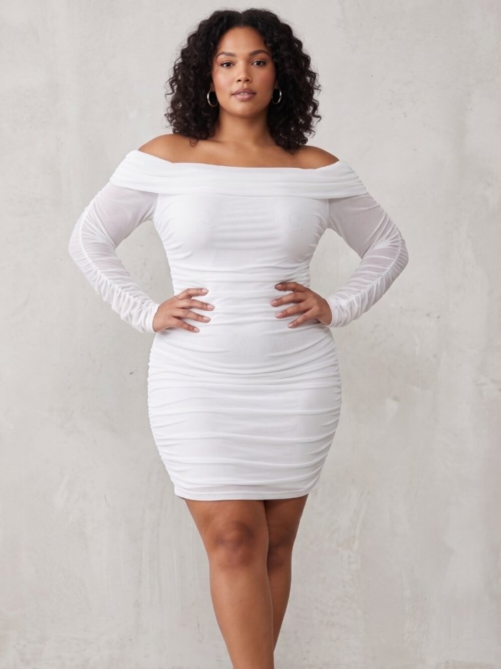 NWT Allegra K White Ruched Long Sleeve Off Shoulder Bodycon Cocktail Dress Large